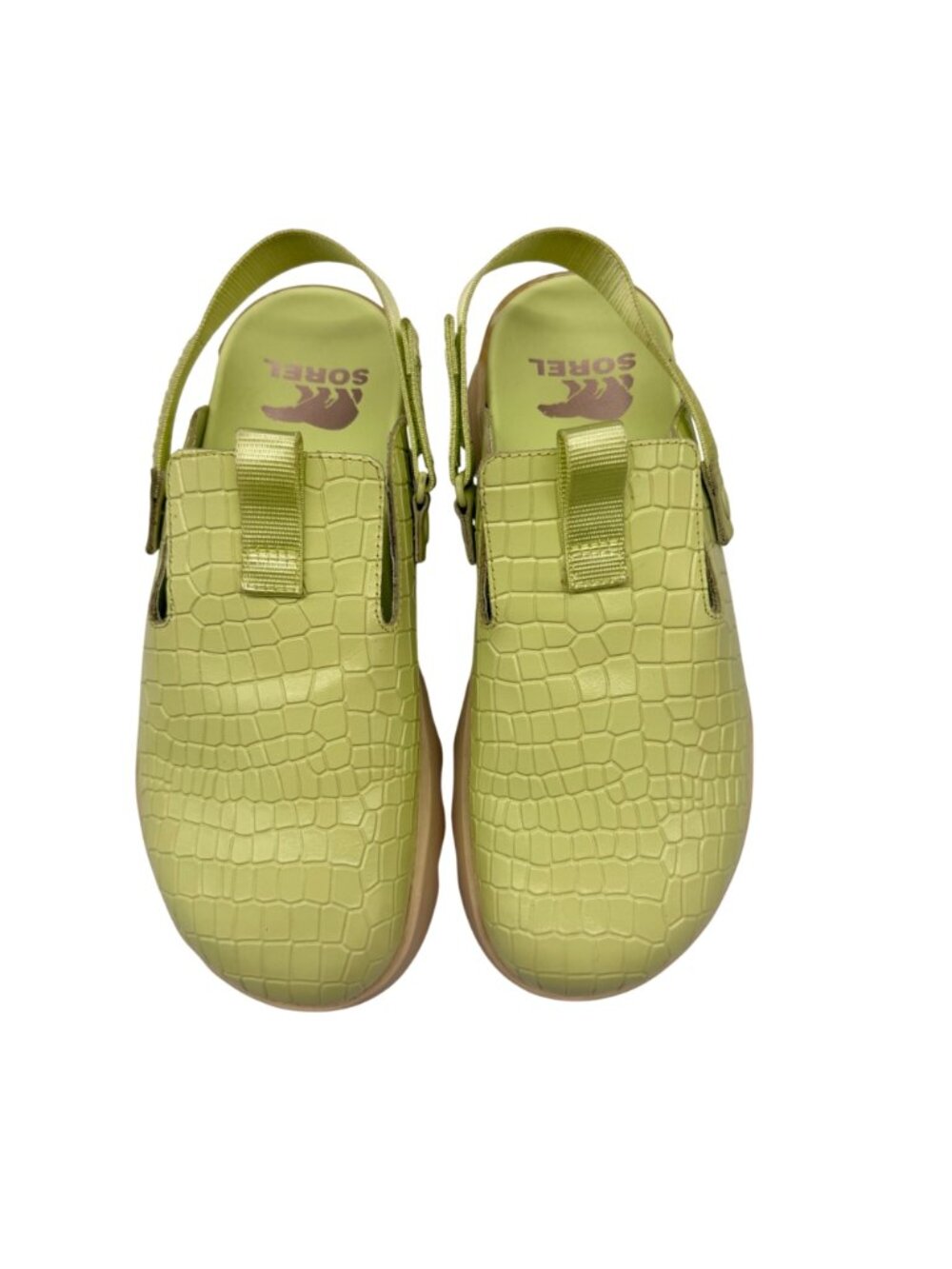Sorel Viibe Croc Embossed Slip On Leather Clogs in Lime Green/White Women's 8.5 - Picture 3 of 10